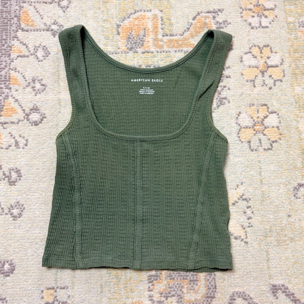 NWT American Eagle Cropped Corset Tank Top Olive Green Waffle Square Neck Small